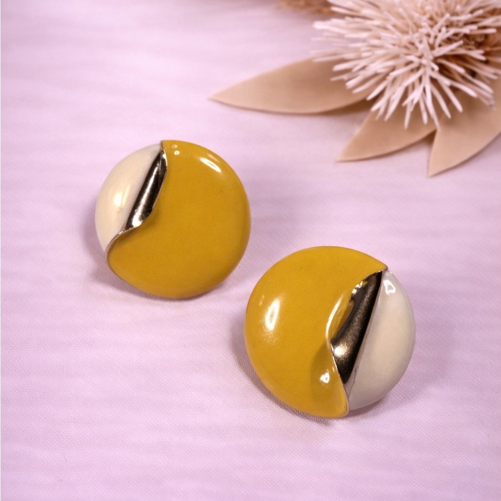 Vintage 80s Yellow Enamel Geometric Color Block Earrings Retro Mod Statement